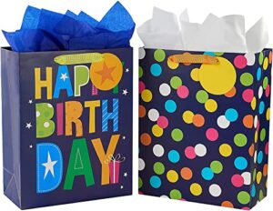 suncolor 2 pack 13″ large gift bag with tissue paper for him (happy birthday)