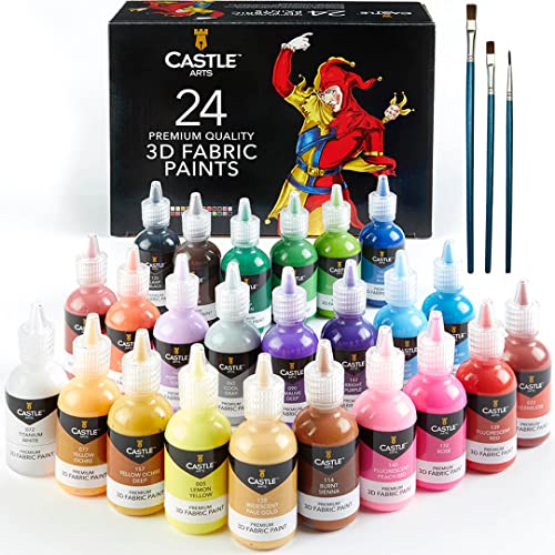 Castle Art Supplies 3D Fabric Paint Set | 24 Quality Vibrant Colors in 29ml Bottles | For Artists; For Crafters; For Fun | Clothing, Textile, Canvas, Glass, Wood, Shoes | In Strong Selection Box