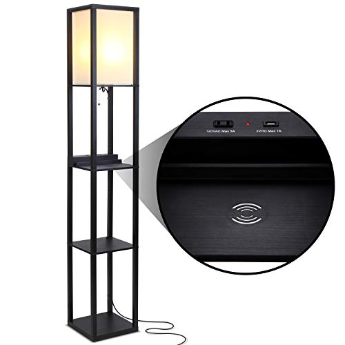 Brightech Maxwell – Modern Shelf Floor Lamp with USB Ports, Wireless Charging Station & Outlet – Living Room and Office Corner Display Floor Lamps with Shelves – Fits on Bedroom Nightstands – Black