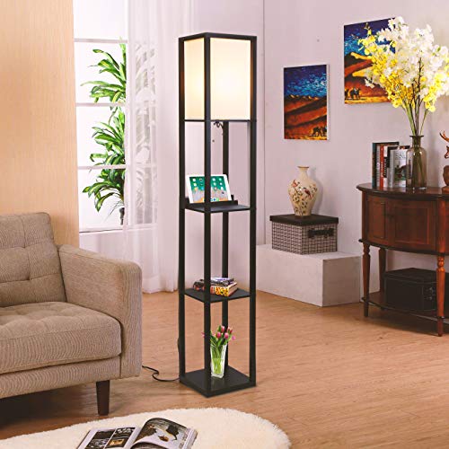 Brightech Maxwell – Modern Shelf Floor Lamp with USB Ports, Wireless Charging Station & Outlet – Living Room and Office Corner Display Floor Lamps with Shelves – Fits on Bedroom Nightstands – Black