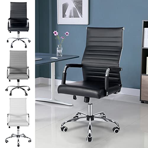 LUCKWIND Office Executive Desk Chair Ribbed - Ergonomic High Back Leather Conference Task Chairs Modern Height Adjustable Tilt Rokcer Reception Swivel Arm Chair Mute, Black