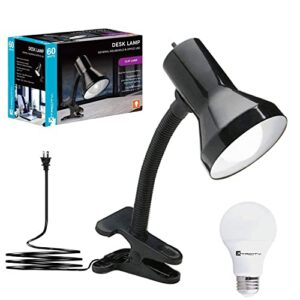 xtricity clip on light with clamp base and adjustable gooseneck desk lamp, clip lamp for bed 6w a19 led bulb included, 120 volt, convenient on/off switch, 10.25 inches tall (26cm), black finish