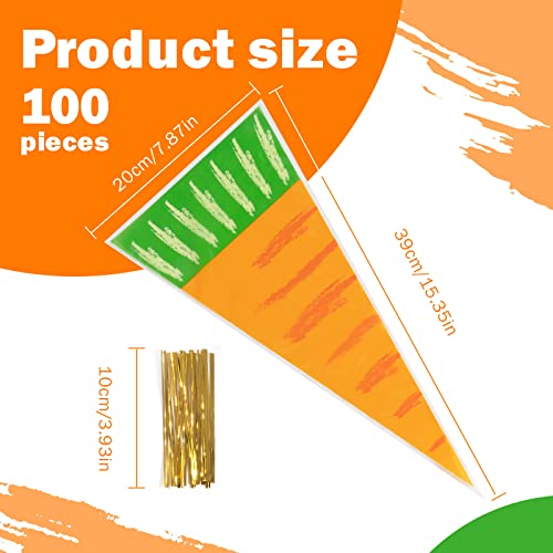 VEIREN 100 Pieces Cone Candy Bags Creative Carrot Shape Treat Bag with Twist Ties Cellophane Goody Cookies DIY Translucent Gift Storage Packaging Bag for Holiday Birthday Wedding Party Decor