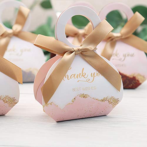 DORIS HOME 50 pcs Birthday Wedding Party Favor Boxes,Pink 2.5 * 1.37 * 3 inch Wedding Gift Bags Chocolate Candy and Gift Boxes Bridal Shower Party Paper Gift Boxes with Ribbons