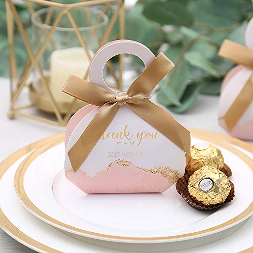 DORIS HOME 50 pcs Birthday Wedding Party Favor Boxes,Pink 2.5 * 1.37 * 3 inch Wedding Gift Bags Chocolate Candy and Gift Boxes Bridal Shower Party Paper Gift Boxes with Ribbons