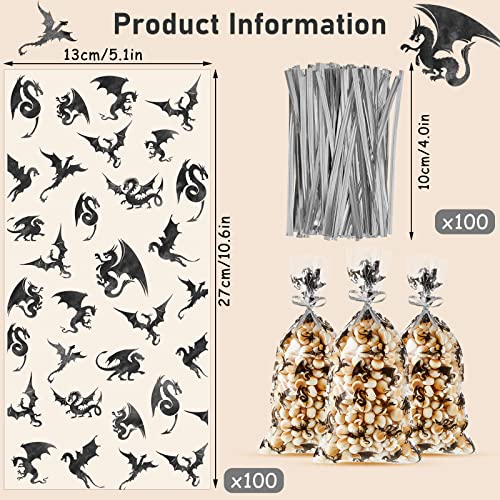 Jecery 100 Pcs Dragon Party 5.1 x 10.6 Inch Cello Bags with Twist Ties Dragons Cellophane Candy Bags Goodie Storage Bags for Kids Dragon Party Favor Knight Medieval Birthday Party Supplies Decor