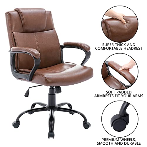 DYHOME Office Chair, Brown Office Chair, 350 LBS Brown Leather Office Chair, Mid Back Computer Chair Ergonomic Office Chair Adjustable Conference Swivel Task Chair with Padded Armrests