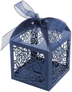 kposiya 70 pack wedding favor boxes laser cut boxes party favor box small gift boxes lace candy boxes for wedding bridal shower baby shower birthday party anniverary with ribbons (navy, 70)
