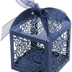 KPOSIYA 70 Pack Wedding Favor Boxes Laser Cut Boxes Party Favor Box Small Gift Boxes Lace Candy Boxes for Wedding Bridal Shower Baby Shower Birthday Party Anniverary with Ribbons (Navy, 70)