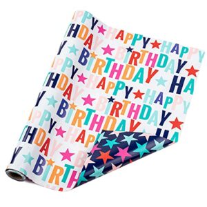 lezakaa reversible birthday wrapping paper roll – happy birthday lettering & star – 17 inches x 32.8 feet (46.45 sq.ft.)