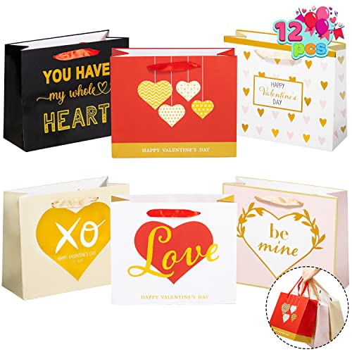 JOYIN 12 Valentine's Day Paper Gift Bags 9"x7.5"x3.5"with Handle, Paper Wrapping Kraft Bags for Funny Gift Giving Novelty Gift Exchange Gift Wrapping Valentines Gift Bags Party Favors (Gold)