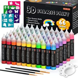 66 colors fabric paint, shuttle art 3d fabric paint with stencil and brushes, permanent textile paint includes neon, metallic, glitter and glow in the dark paint, ideal for clothing and diy decoration