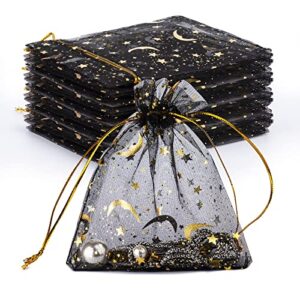 100 PCS 4.0x4.7 Inches Moon Star Printed Orchid Organza Bags Candy Gift Bags Stars and Moon Black Bag,Makeup Organza Favor Bags,Net gift Bags,Drawstring goody bags for Party, Jewelry, Festival