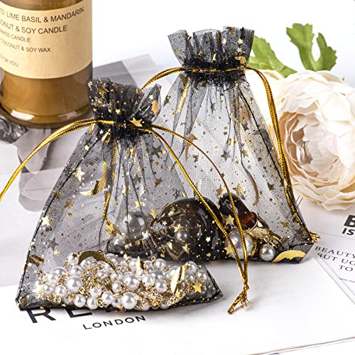 100 PCS 4.0x4.7 Inches Moon Star Printed Orchid Organza Bags Candy Gift Bags Stars and Moon Black Bag,Makeup Organza Favor Bags,Net gift Bags,Drawstring goody bags for Party, Jewelry, Festival