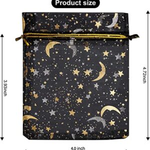 100 PCS 4.0x4.7 Inches Moon Star Printed Orchid Organza Bags Candy Gift Bags Stars and Moon Black Bag,Makeup Organza Favor Bags,Net gift Bags,Drawstring goody bags for Party, Jewelry, Festival