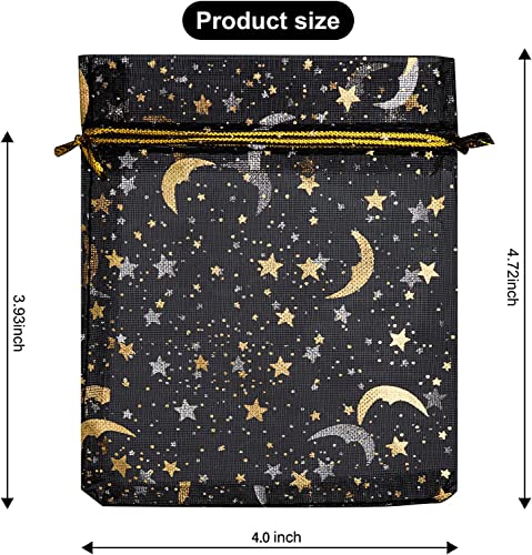 100 PCS 4.0x4.7 Inches Moon Star Printed Orchid Organza Bags Candy Gift Bags Stars and Moon Black Bag,Makeup Organza Favor Bags,Net gift Bags,Drawstring goody bags for Party, Jewelry, Festival