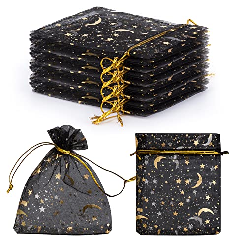 100 PCS 4.0x4.7 Inches Moon Star Printed Orchid Organza Bags Candy Gift Bags Stars and Moon Black Bag,Makeup Organza Favor Bags,Net gift Bags,Drawstring goody bags for Party, Jewelry, Festival