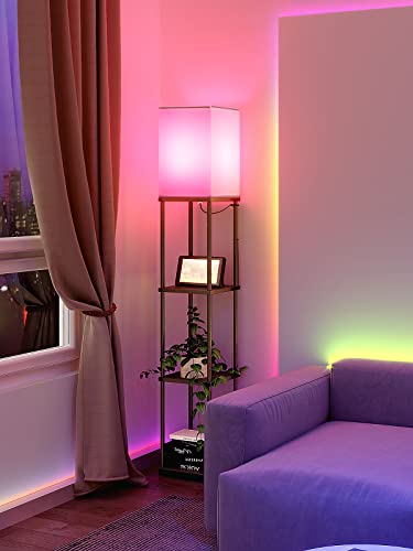 addlon Smart Modern Shelf Floor Lamp with RGB Bulb and White Lamp Shade - Display Floor Lamps with Shelves for Living Room, Bedroom and Office - Classic Black