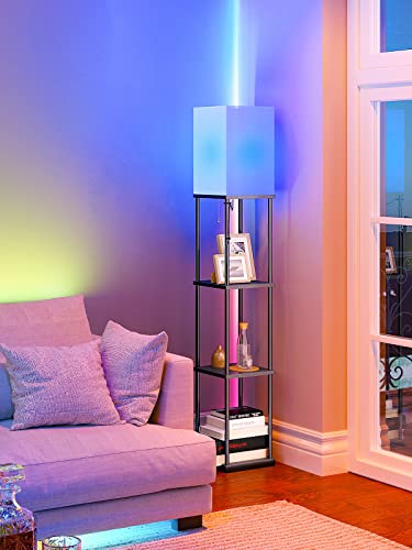 addlon Smart Modern Shelf Floor Lamp with RGB Bulb and White Lamp Shade - Display Floor Lamps with Shelves for Living Room, Bedroom and Office - Classic Black