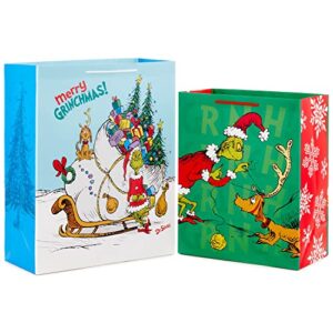 Hallmark Dr. Seuss Grinch Gift Bag Set for Kids (2 Bags: 1 Large 13", 1 Extra Large 15") The Grinch with Max and Sleigh (Red, Green, White, Blue), Assorted