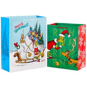 Hallmark Dr. Seuss Grinch Gift Bag Set for Kids (2 Bags: 1 Large 13", 1 Extra Large 15") The Grinch with Max and Sleigh (Red, Green, White, Blue), Assorted