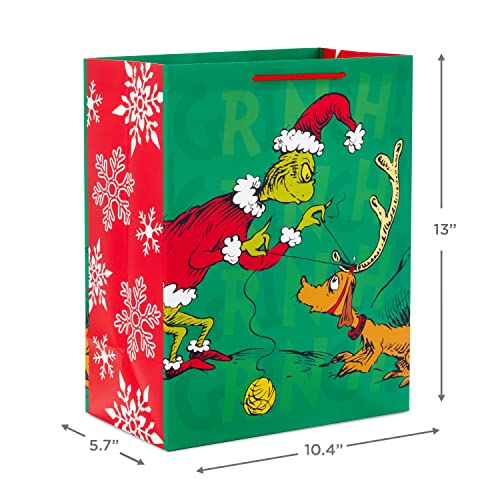 Hallmark Dr. Seuss Grinch Gift Bag Set for Kids (2 Bags: 1 Large 13", 1 Extra Large 15") The Grinch with Max and Sleigh (Red, Green, White, Blue), Assorted