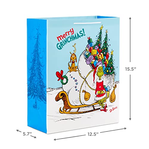 Hallmark Dr. Seuss Grinch Gift Bag Set for Kids (2 Bags: 1 Large 13", 1 Extra Large 15") The Grinch with Max and Sleigh (Red, Green, White, Blue), Assorted