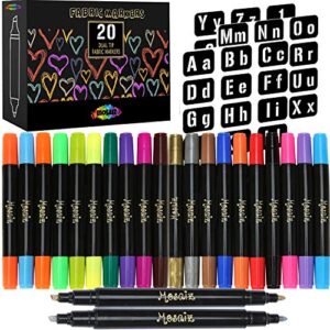 mosaiz dual tip fabric markers, 20 chisel and fine tip markers fabric paint pens for fabric decorating with gold and silver colors including numbers and letter stencils