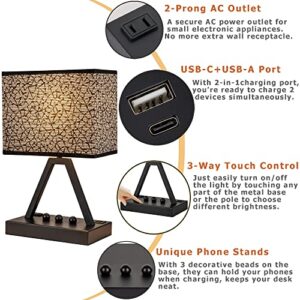 Briever USB C Touch Control Table Lamp, 3-Way Dimmable Desk Lamp with USB C & USB A and AC Outlet, Bedside Lamp with Phone Stands and Black Shade for Bedroom, Living Room, Office, LED Bulb Included