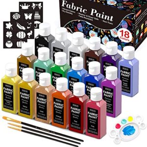 fabric paint, shuttle art 18 colors permanent soft fabric paint in bottles (60ml/2oz) with brushes, palette, stencils, non-toxic textile paint for t-shirts, shoes, jeans, bags, diy projects&art crafts
