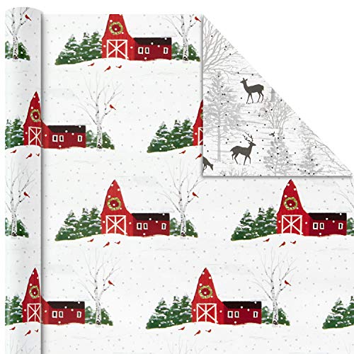 Hallmark Holiday Reversible Wrapping Paper Bundle, Rustic Christmas (Pack of 3, 120 sq. ft. ttl) Plaid, Barn, Red Truck, Moose, Woodland Scenes