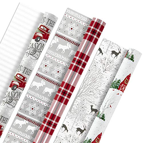 Hallmark Holiday Reversible Wrapping Paper Bundle, Rustic Christmas (Pack of 3, 120 sq. ft. ttl) Plaid, Barn, Red Truck, Moose, Woodland Scenes