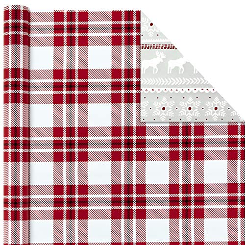 Hallmark Holiday Reversible Wrapping Paper Bundle, Rustic Christmas (Pack of 3, 120 sq. ft. ttl) Plaid, Barn, Red Truck, Moose, Woodland Scenes
