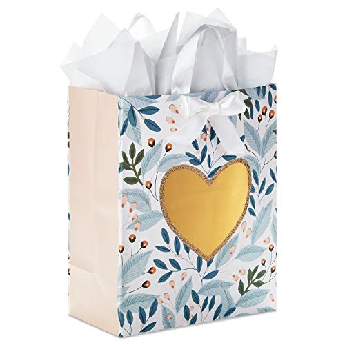 Hallmark 13" Large Gift Bag with Tissue Paper (Green Foliage, Gold Heart) for Weddings, Engagements, Anniversaries, Bridal Showers, Christmas, Valentine's Day