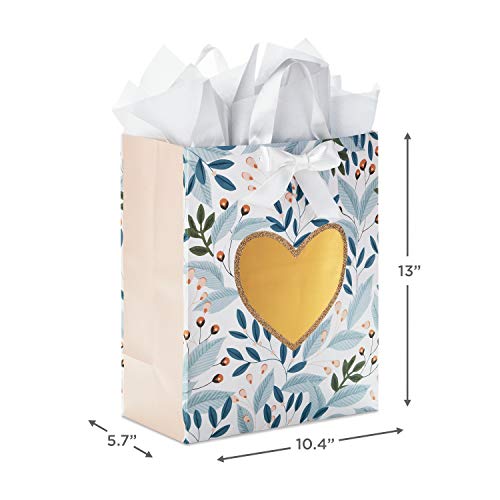 Hallmark 13" Large Gift Bag with Tissue Paper (Green Foliage, Gold Heart) for Weddings, Engagements, Anniversaries, Bridal Showers, Christmas, Valentine's Day