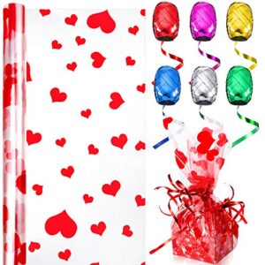 39 x 138 inch valentine’s day red heart cellophane wrap paper, 2.3 mil thick cellophane paper with 6 rolls colorful wrap ribbon for christmas holiday diy craft wrapping or basket filling