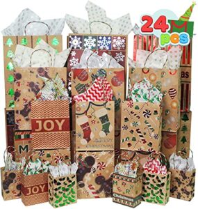 joyin 24 christmas foil kraft gift bags assorted sizes with twine handles for xmas holiday present wrap décor, kraft goody bags, school classroom party favor supplies, goodie bags decoration.
