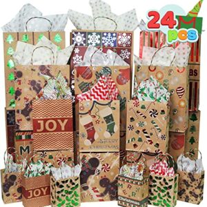 JOYIN 24 Christmas Foil Kraft Gift Bags Assorted Sizes with Twine Handles for Xmas Holiday Present Wrap Décor, Kraft Goody Bags, School Classroom Party Favor Supplies, Goodie Bags Decoration.