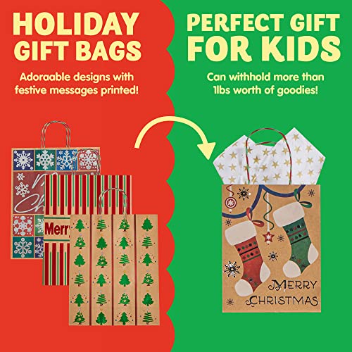 JOYIN 24 Christmas Foil Kraft Gift Bags Assorted Sizes with Twine Handles for Xmas Holiday Present Wrap Décor, Kraft Goody Bags, School Classroom Party Favor Supplies, Goodie Bags Decoration.