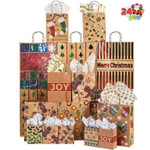 JOYIN 24 Christmas Foil Kraft Gift Bags Assorted Sizes with Twine Handles for Xmas Holiday Present Wrap Décor, Kraft Goody Bags, School Classroom Party Favor Supplies, Goodie Bags Decoration.