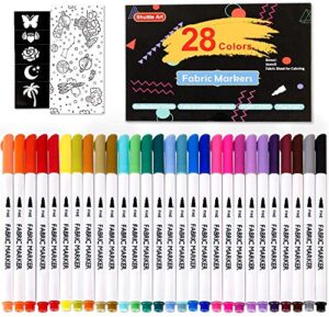 28 colors fabric markers, shuttle art fabric markers permanent markers for t-shirts clothes sneakers jeans with 11 stencils 1 fabric sheet,permanent fabric pens for kids adult painting writing