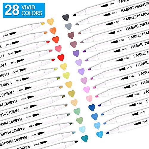 28 Colors Fabric Markers, Shuttle Art Fabric Markers Permanent Markers for T-Shirts Clothes Sneakers Jeans with 11 Stencils 1 Fabric Sheet,Permanent Fabric Pens for Kids Adult Painting Writing