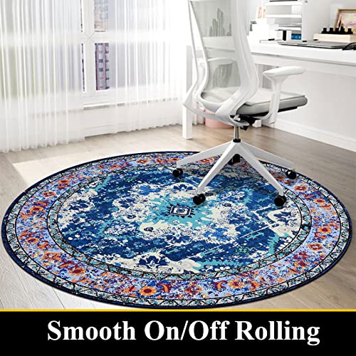 Vaukki Vintage 4 Ft Round Desk Chair Mat, Non Slip Desk Floor Mat for Hardwood Floor, Waterproof Office Floor Mat Chair Floor Protector for Rolling Chair, Blue