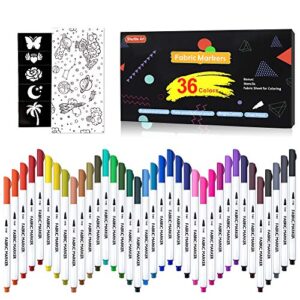 36 colors fabric markers, shuttle art fabric markers permanent markers for t-shirts clothes sneakers jeans with 11 stencils 1 fabric sheet, permanent fabric pens for kids adult painting writing