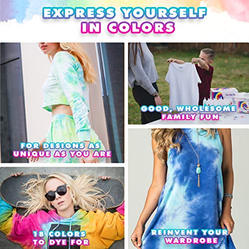 Tie Dye Kit for Kids and Adults - Easy DIY Tie Dye Party Kit with 18 Colors, Fabric Dye Refills, Rubber Bands, Gloves, Table Cover + More Supplies - Fun-at-Home Holiday or Birthday Gift (Rainbow)