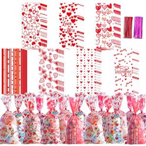 woonoo 200pcs valentines gift bags valentine cellophane treat bags for kids, 7 designs valentine goodies bags for treat with twist ties for valentines party supplies cookie bags