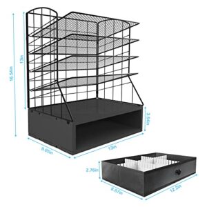 5-Trays File Organizer with Drawer,Mesh Desk Organizers,Letter Tray Paper Organizer,Height Adjustable File Holder for Office School Home（Black）