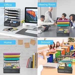 5-Trays File Organizer with Drawer,Mesh Desk Organizers,Letter Tray Paper Organizer,Height Adjustable File Holder for Office School Home（Black）