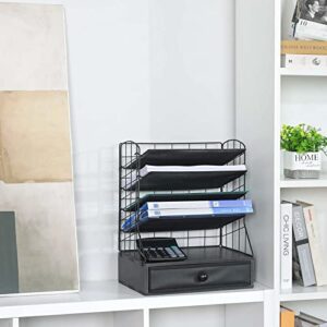 5-Trays File Organizer with Drawer,Mesh Desk Organizers,Letter Tray Paper Organizer,Height Adjustable File Holder for Office School Home（Black）