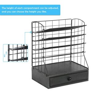 5-Trays File Organizer with Drawer,Mesh Desk Organizers,Letter Tray Paper Organizer,Height Adjustable File Holder for Office School Home（Black）